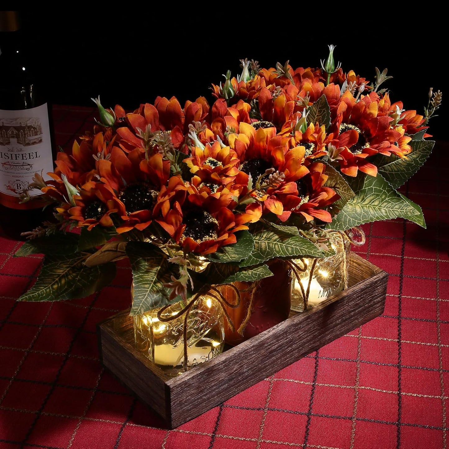 3 Pcs Fall Mason Jar Centerpiece Table Decorations for Dining Table Decor Farmhouse Coffee Table Decor with Wood Tray and Led Light Table Centerpieces for Dining Room Kitchen Living,Orange