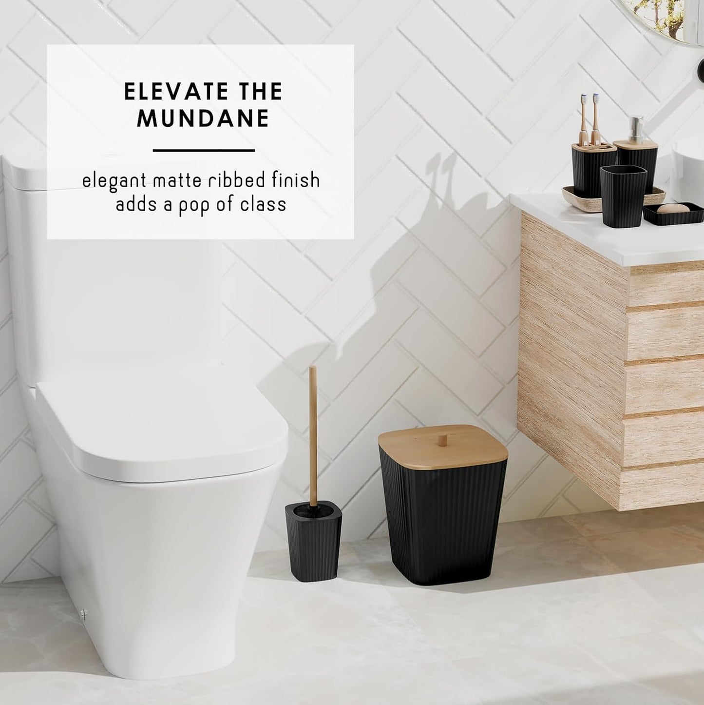 Clara Clark Bathroom Accessories Set - Bathroom Set, Bathroom Accessory Set, Shower Curtain Set, Toilet Brush, Trash Can & Soap Dispenser - Black - 20PC