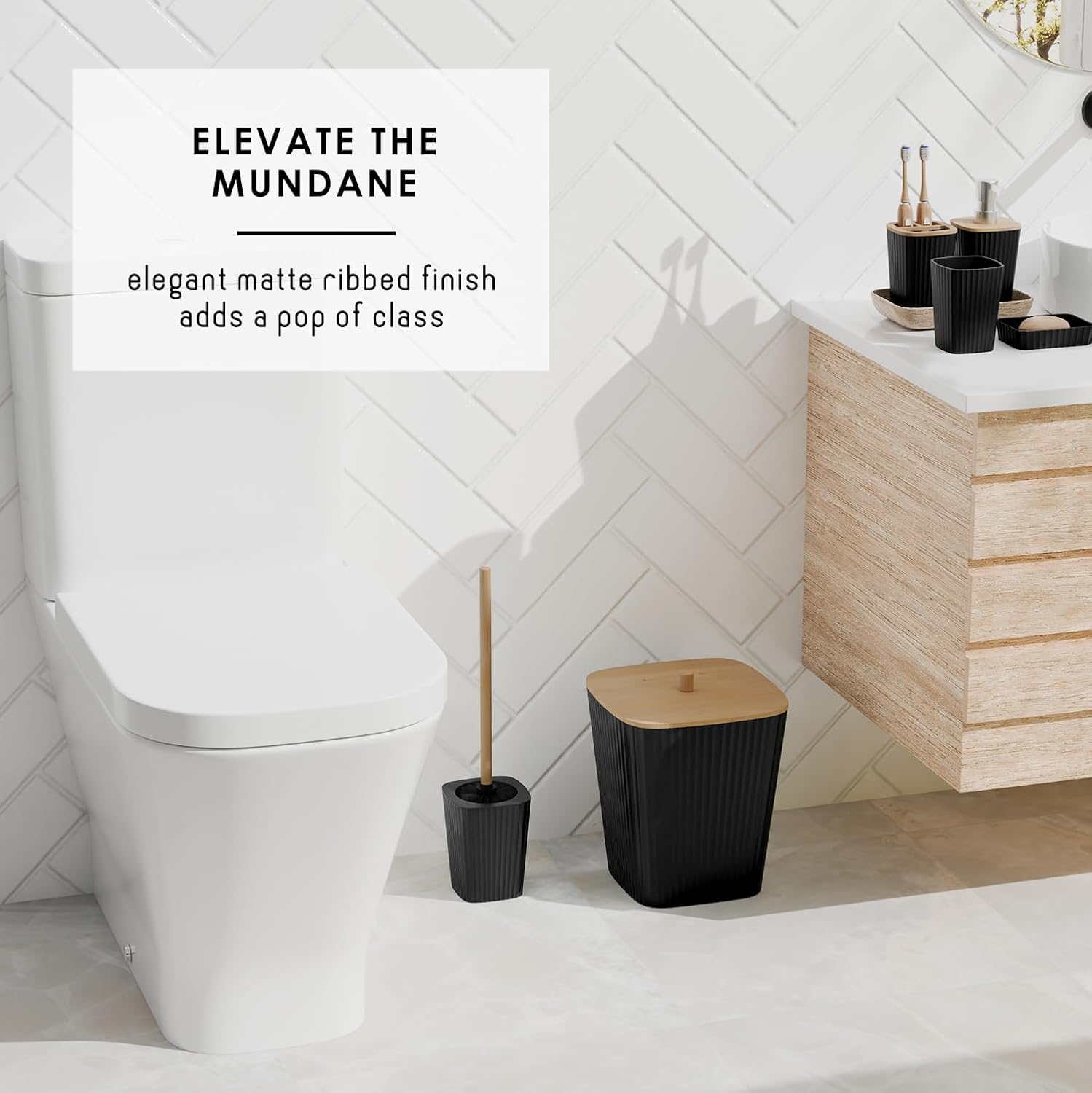 Clara Clark Bathroom Accessories Set - Bathroom Set, Bathroom Accessory Set, Shower Curtain Set, Toilet Brush, Trash Can & Soap Dispenser - Black - 20PC