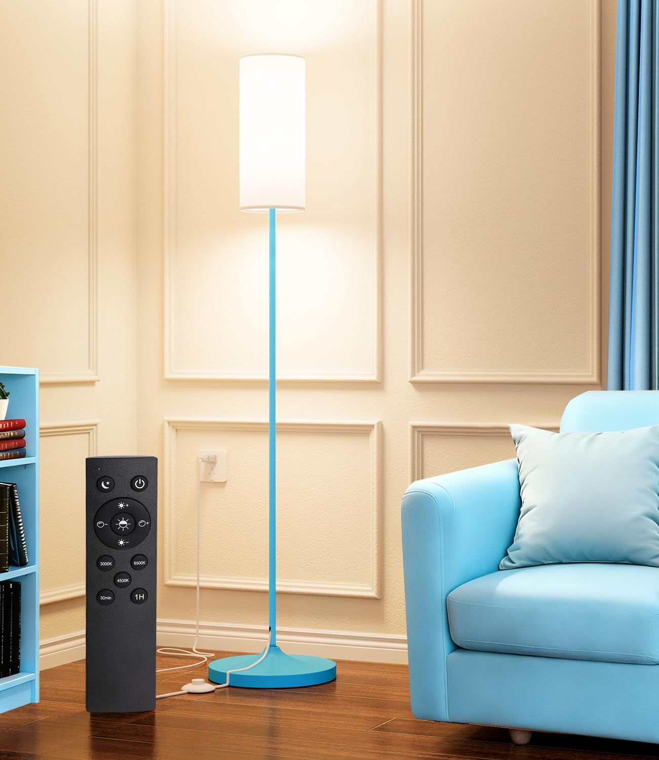 luckystyle Dimmable Floor Standing Tall Lamp, 12W Led Bulb with Lampshade, Foot Switch, Remote Custom Color Temperature Pole for Bedroom, Office, Kids & Living Room, Black