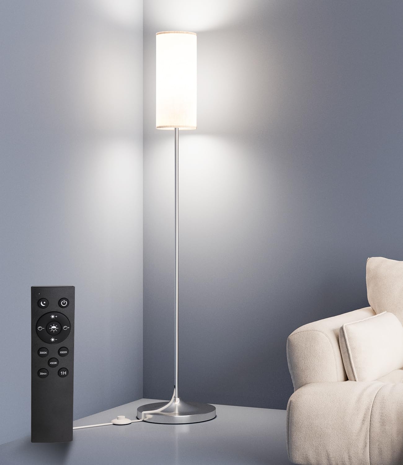 luckystyle Dimmable Floor Standing Tall Lamp, 12W Led Bulb with Lampshade, Foot Switch, Remote Custom Color Temperature Pole for Bedroom, Office, Kids & Living Room, Black