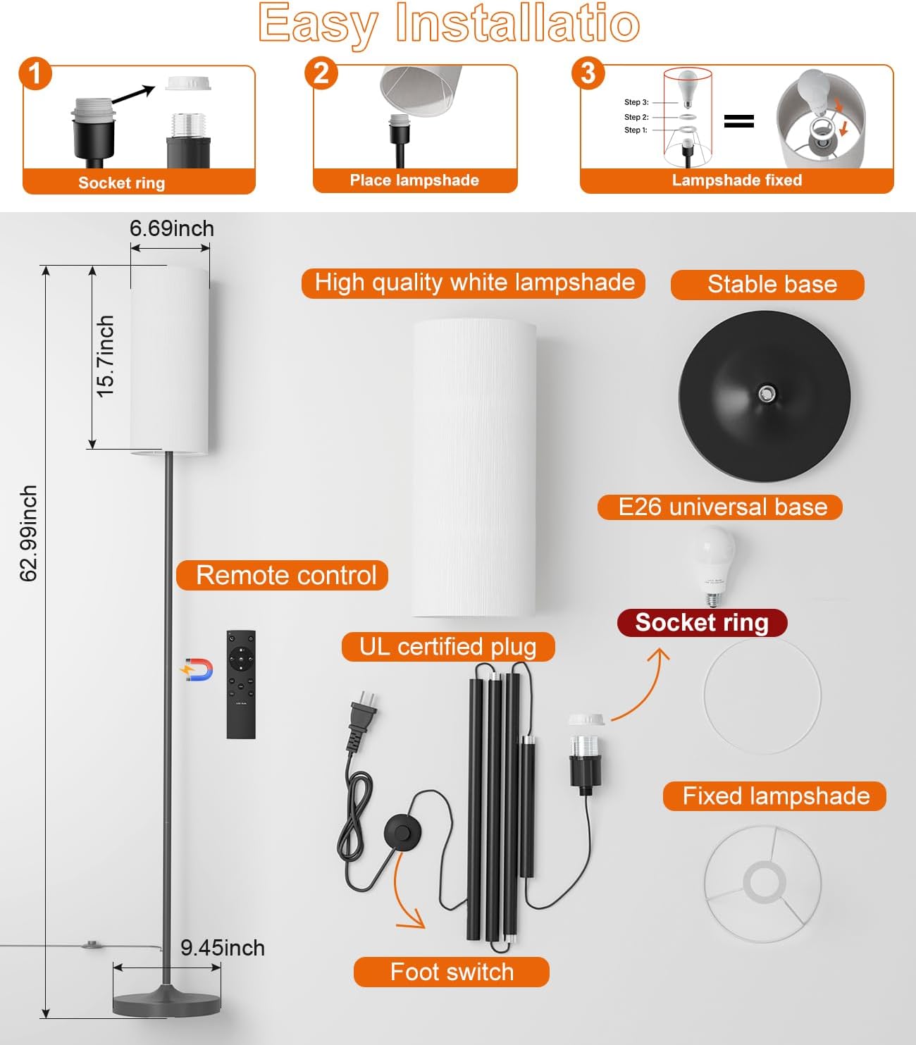 luckystyle Dimmable Floor Standing Tall Lamp, 12W Led Bulb with Lampshade, Foot Switch, Remote Custom Color Temperature Pole for Bedroom, Office, Kids & Living Room, Black