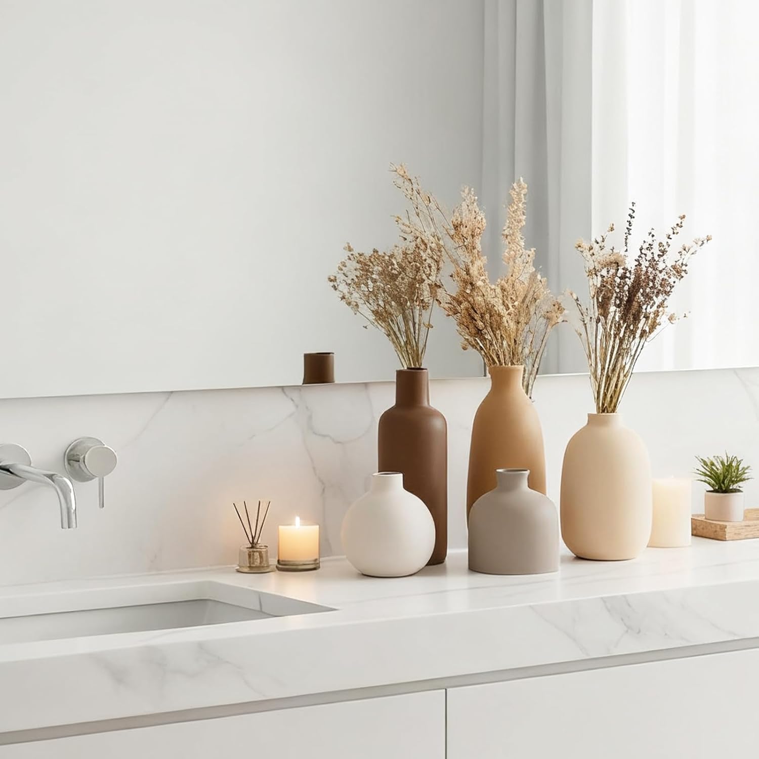 Modern Ceramic Vase Set of 5, Vases Home Decor Rustic Farmhouse Decorative Vase Pottery Vases for Bouquet Pampas Grass Dried Fresh Flowers, Table Living Room Kitchen Bedroom