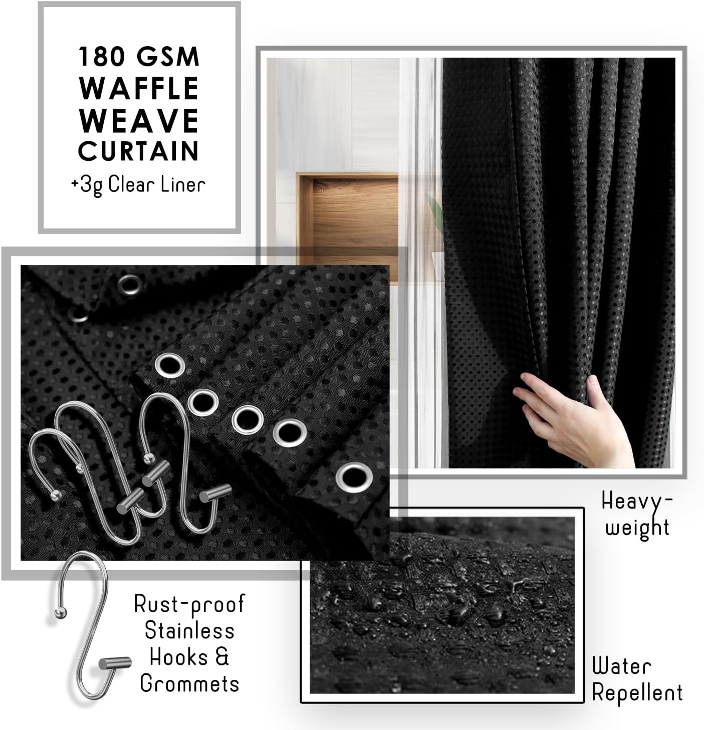 Clara Clark Bathroom Accessories Set - Bathroom Set, Bathroom Accessory Set, Shower Curtain Set, Toilet Brush, Trash Can & Soap Dispenser - Black - 20PC