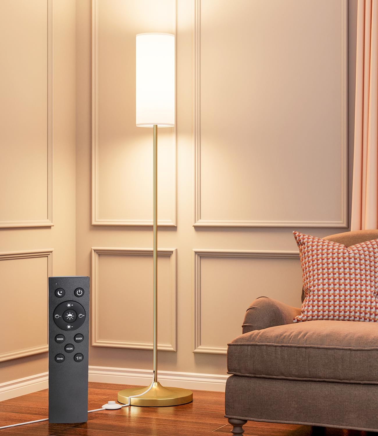 luckystyle Dimmable Floor Standing Tall Lamp, 12W Led Bulb with Lampshade, Foot Switch, Remote Custom Color Temperature Pole for Bedroom, Office, Kids & Living Room, Black