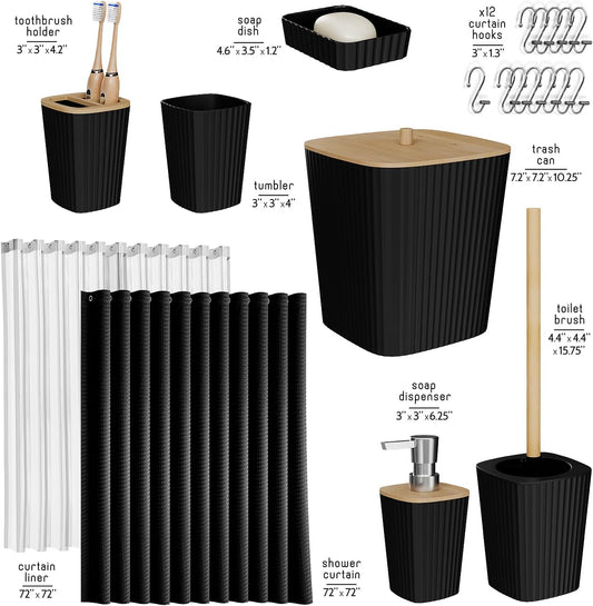 Clara Clark Bathroom Accessories Set - Bathroom Set, Bathroom Accessory Set, Shower Curtain Set, Toilet Brush, Trash Can & Soap Dispenser - Black - 20PC