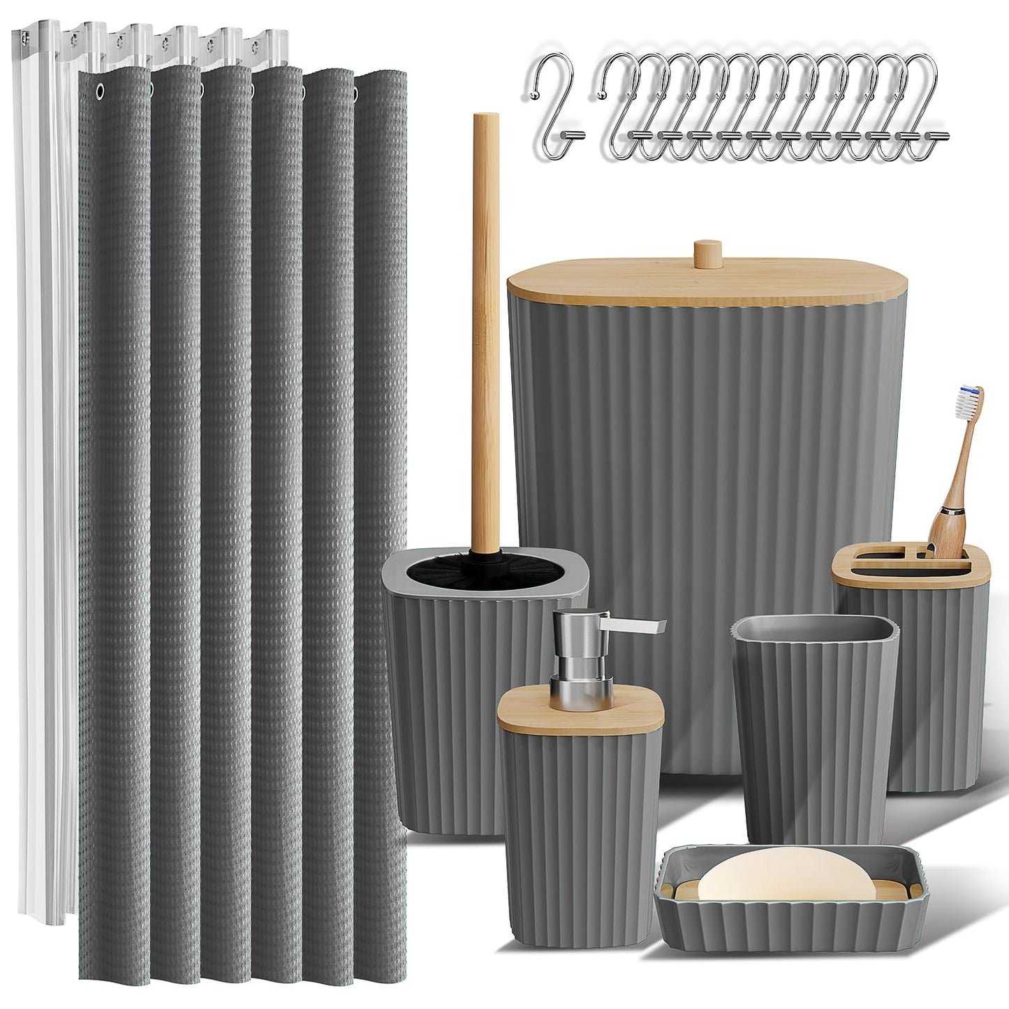 Clara Clark Bathroom Accessories Set - Bathroom Set, Bathroom Accessory Set, Shower Curtain Set, Toilet Brush, Trash Can & Soap Dispenser - Black - 20PC