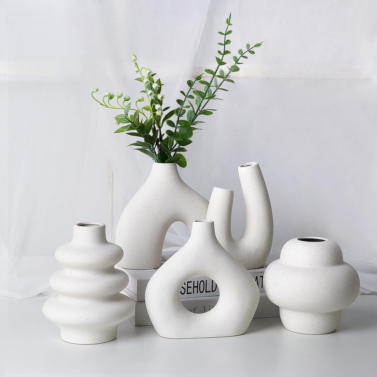 Modern Ceramic Vase Set of 5, Vases Home Decor Rustic Farmhouse Decorative Vase Pottery Vases for Bouquet Pampas Grass Dried Fresh Flowers, Table Living Room Kitchen Bedroom