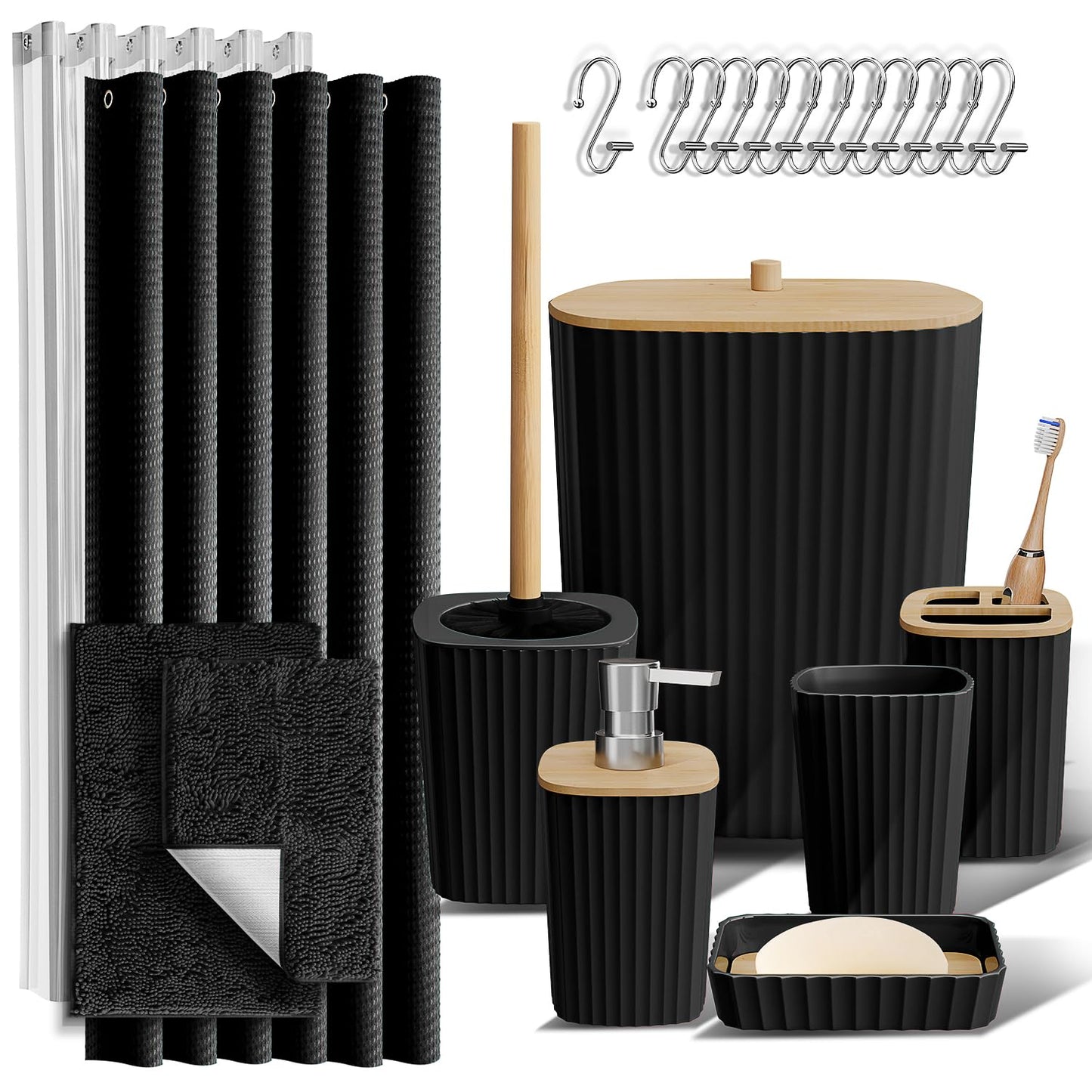 Clara Clark Bathroom Accessories Set - Bathroom Set, Bathroom Accessory Set, Shower Curtain Set, Toilet Brush, Trash Can & Soap Dispenser - Black - 20PC