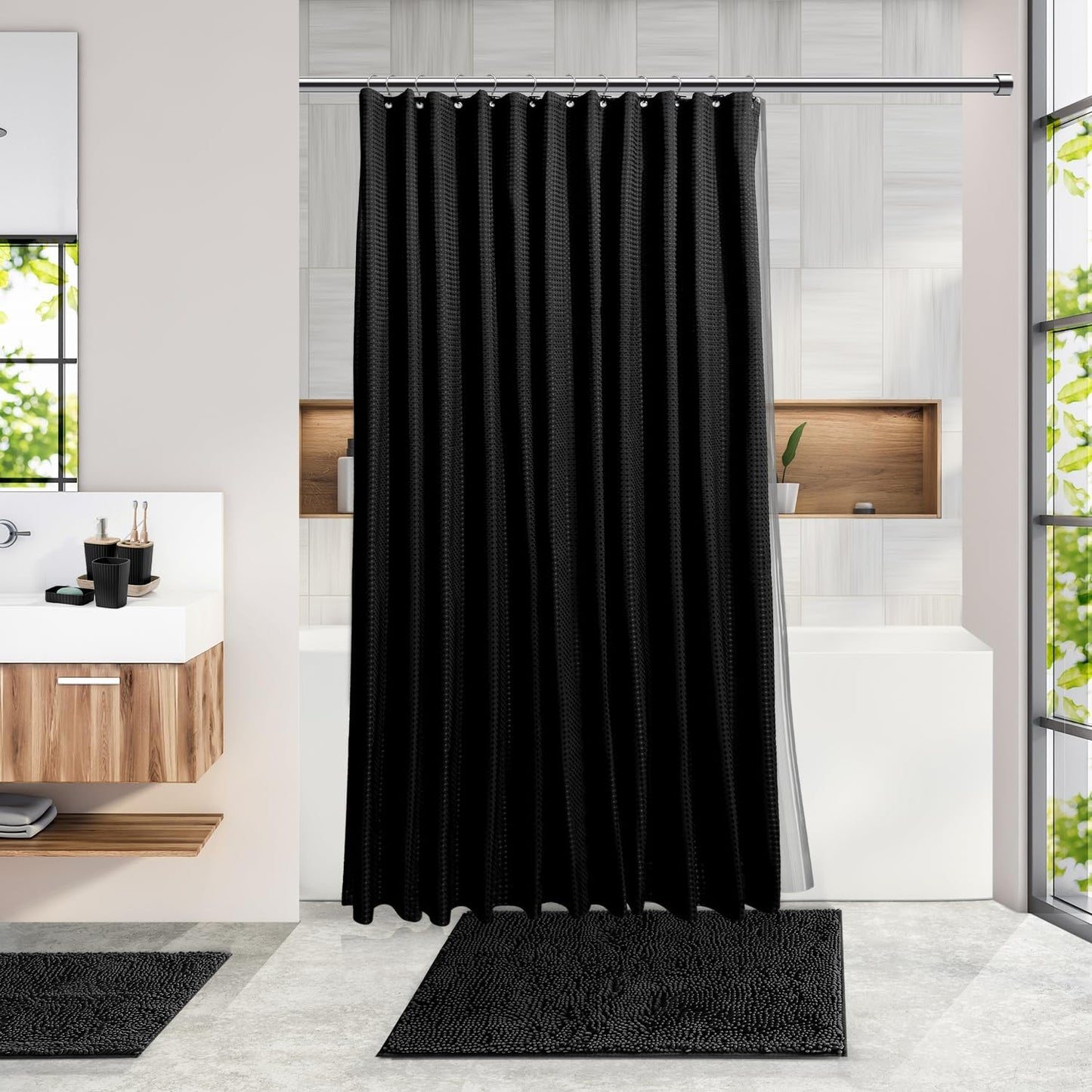 Clara Clark Bathroom Accessories Set - Bathroom Set, Bathroom Accessory Set, Shower Curtain Set, Toilet Brush, Trash Can & Soap Dispenser - Black - 20PC