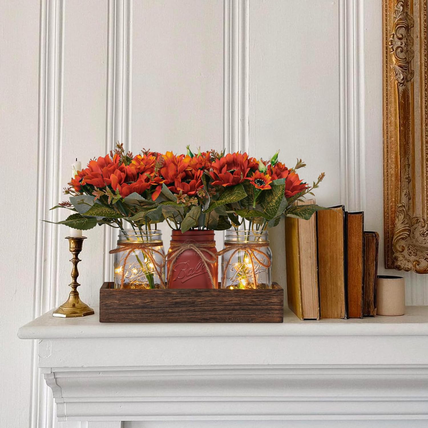3 Pcs Fall Mason Jar Centerpiece Table Decorations for Dining Table Decor Farmhouse Coffee Table Decor with Wood Tray and Led Light Table Centerpieces for Dining Room Kitchen Living,Orange