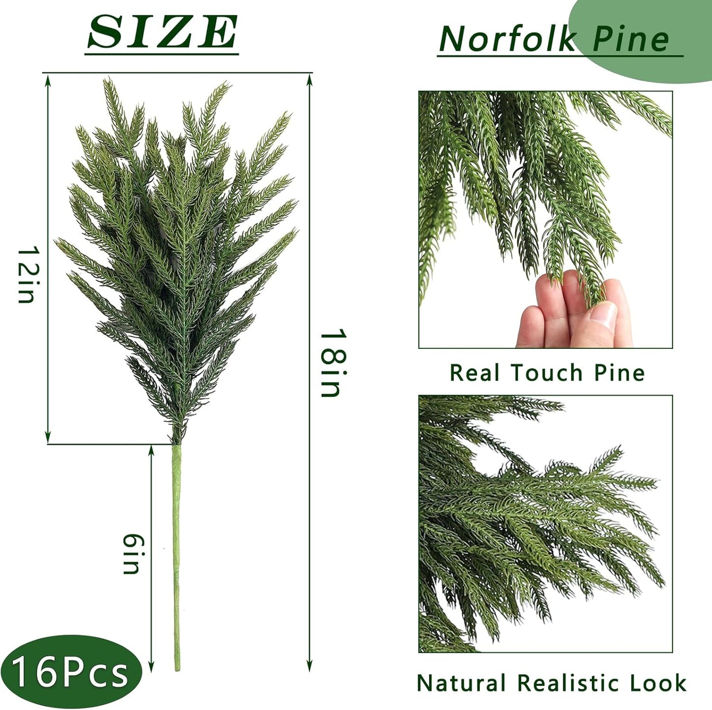 16 Pcs Real Touch Norfolk Pine Branch -18" Artificial Christmas Green Plants Branches Faux Greenery Stem Fake Cedar Pine Picks for Vase DIY Crafts Garland Wreath Xmas Indoor Outdoor Home Decor