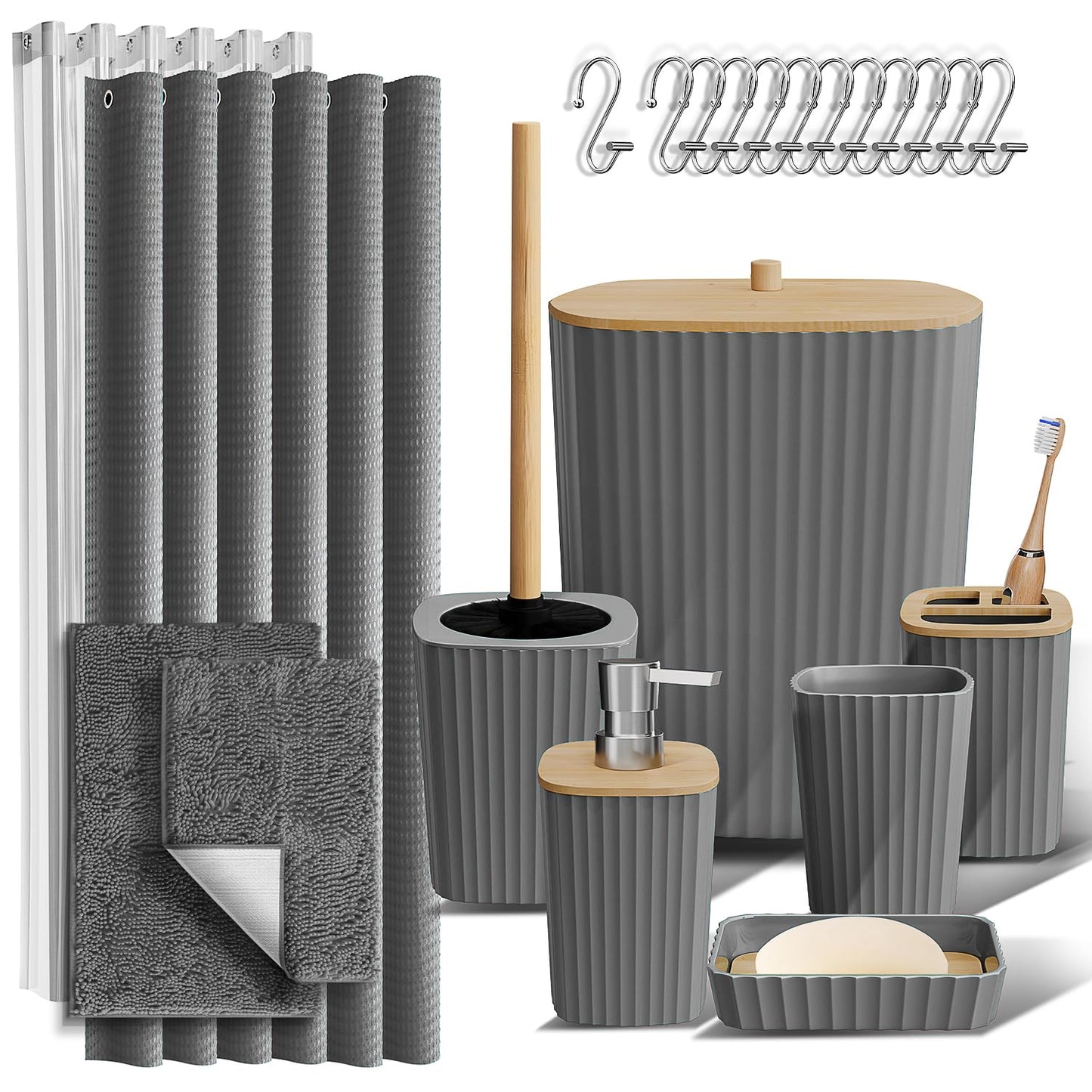 Clara Clark Bathroom Accessories Set - Bathroom Set, Bathroom Accessory Set, Shower Curtain Set, Toilet Brush, Trash Can & Soap Dispenser - Black - 20PC