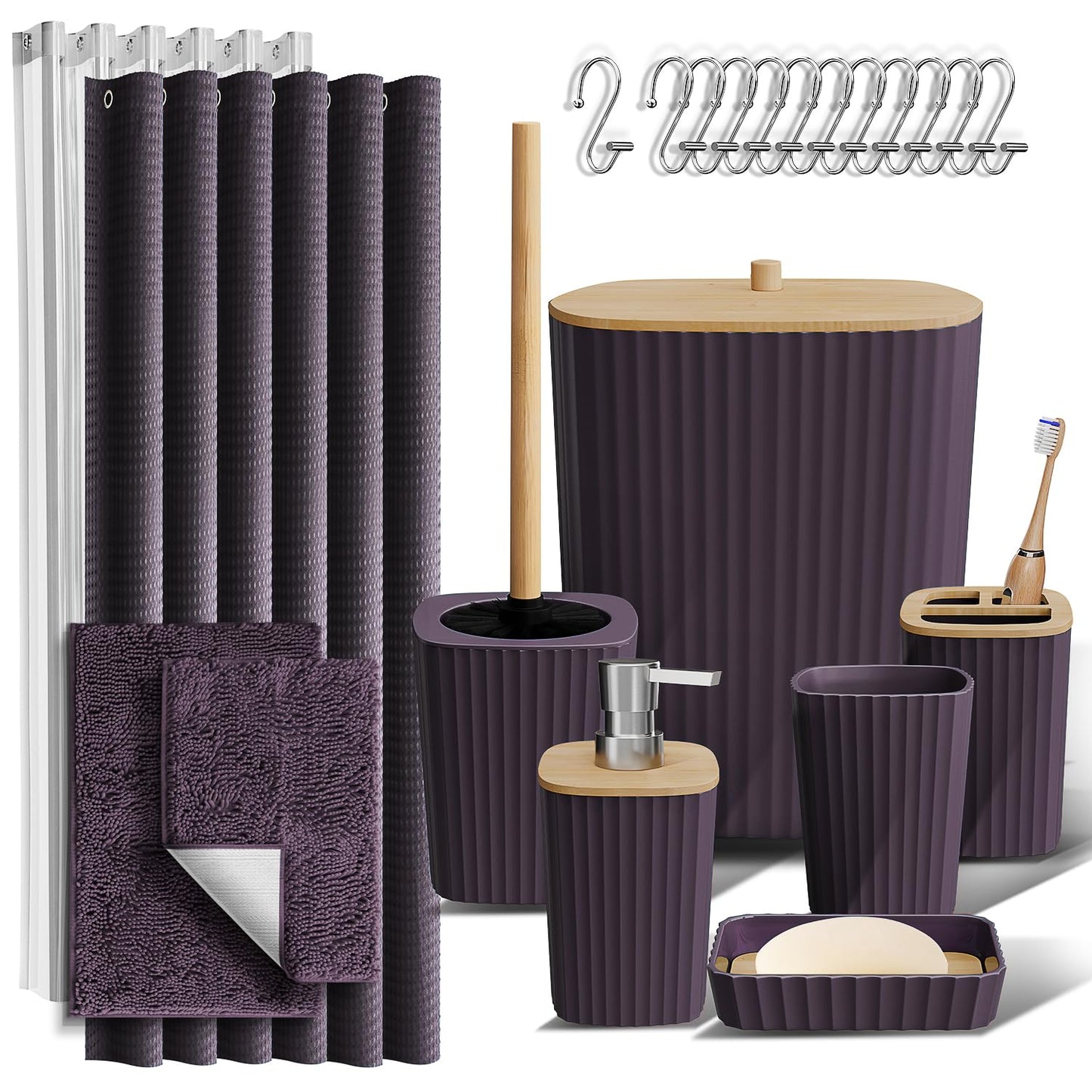 Clara Clark Bathroom Accessories Set - Bathroom Set, Bathroom Accessory Set, Shower Curtain Set, Toilet Brush, Trash Can & Soap Dispenser - Black - 20PC