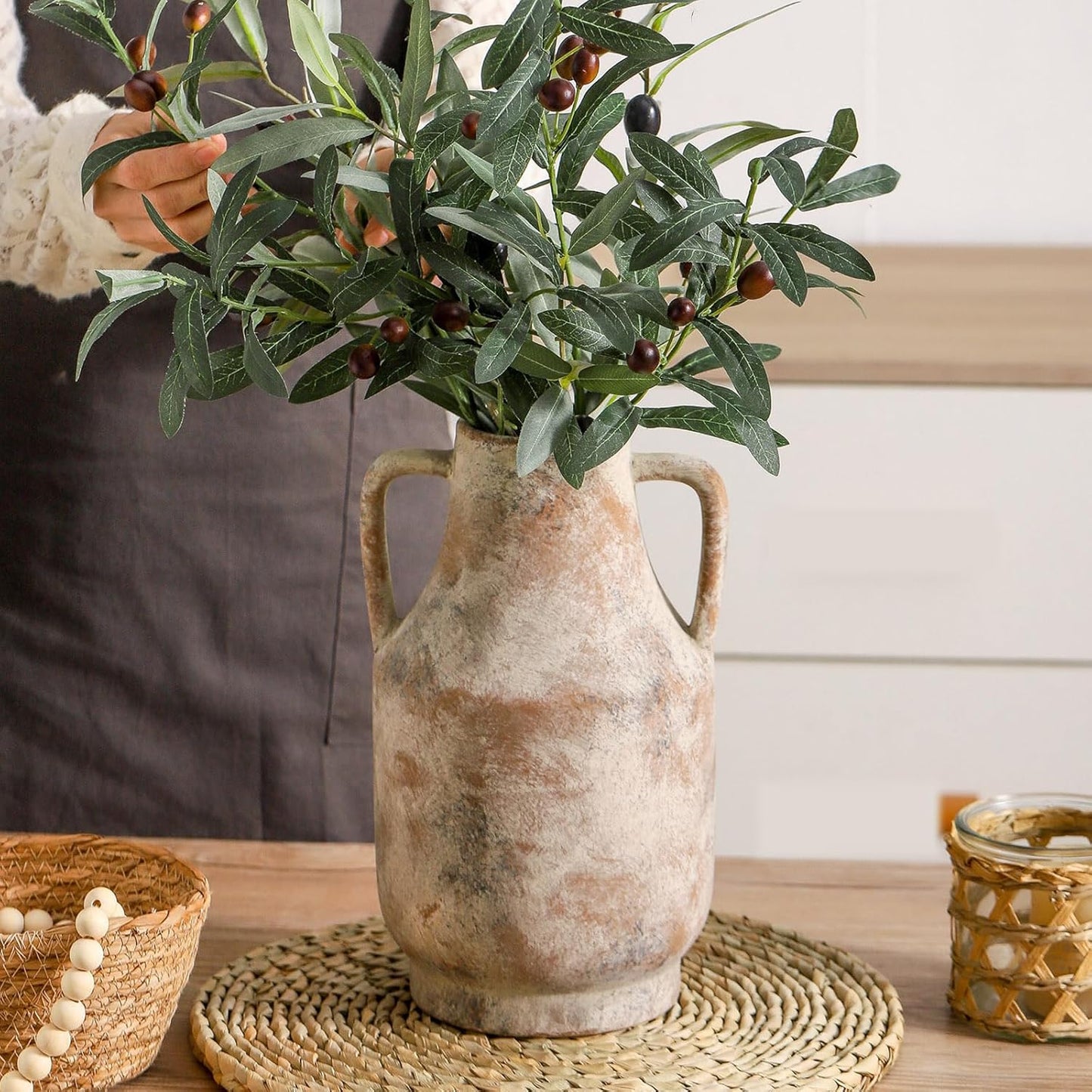 Mitt&Ditt Ceramic Flower Vase with Handles, 11 inch Tall Vase for Centerpieces, Large Decorative Terracotta Vases, Farmhouse Rustic Vases for Home Decor, Living Room, Table, Neutral