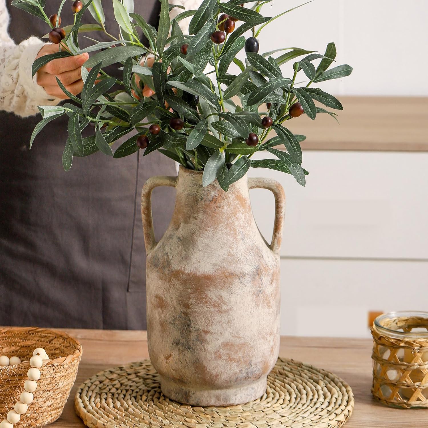 Mitt&Ditt Ceramic Flower Vase with Handles, 11 inch Tall Vase for Centerpieces, Large Decorative Terracotta Vases, Farmhouse Rustic Vases for Home Decor, Living Room, Table, Neutral