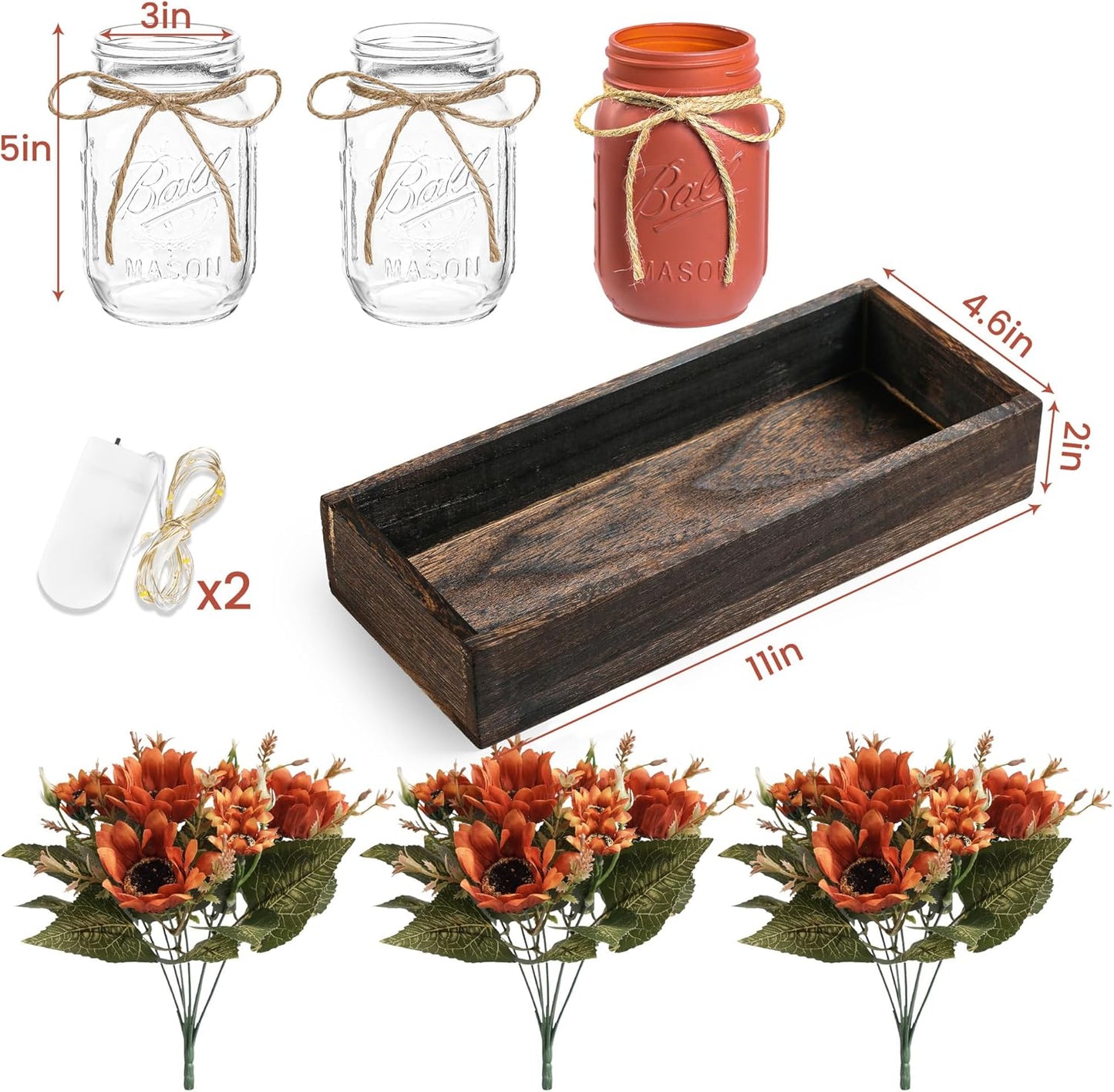 3 Pcs Fall Mason Jar Centerpiece Table Decorations for Dining Table Decor Farmhouse Coffee Table Decor with Wood Tray and Led Light Table Centerpieces for Dining Room Kitchen Living,Orange