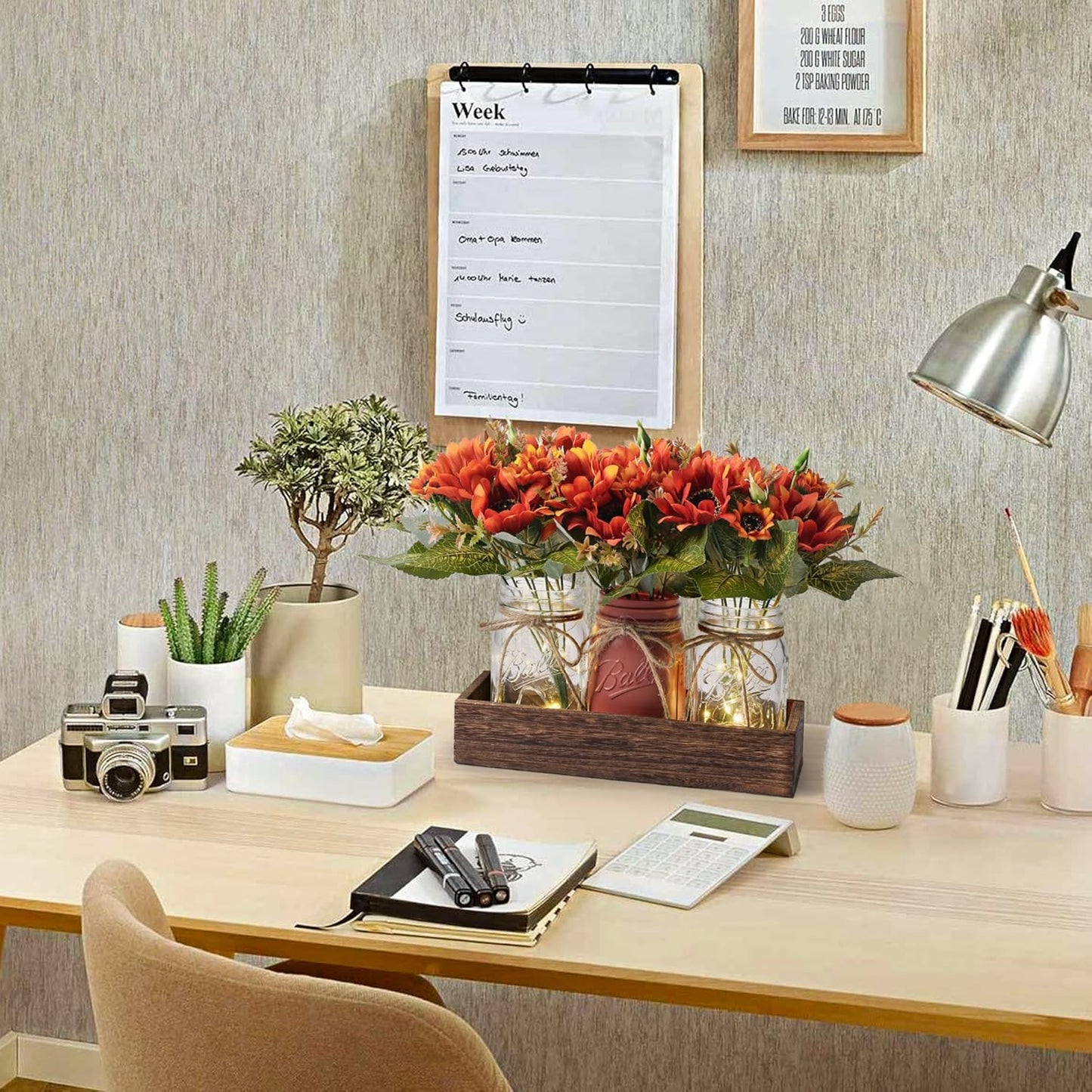 3 Pcs Fall Mason Jar Centerpiece Table Decorations for Dining Table Decor Farmhouse Coffee Table Decor with Wood Tray and Led Light Table Centerpieces for Dining Room Kitchen Living,Orange